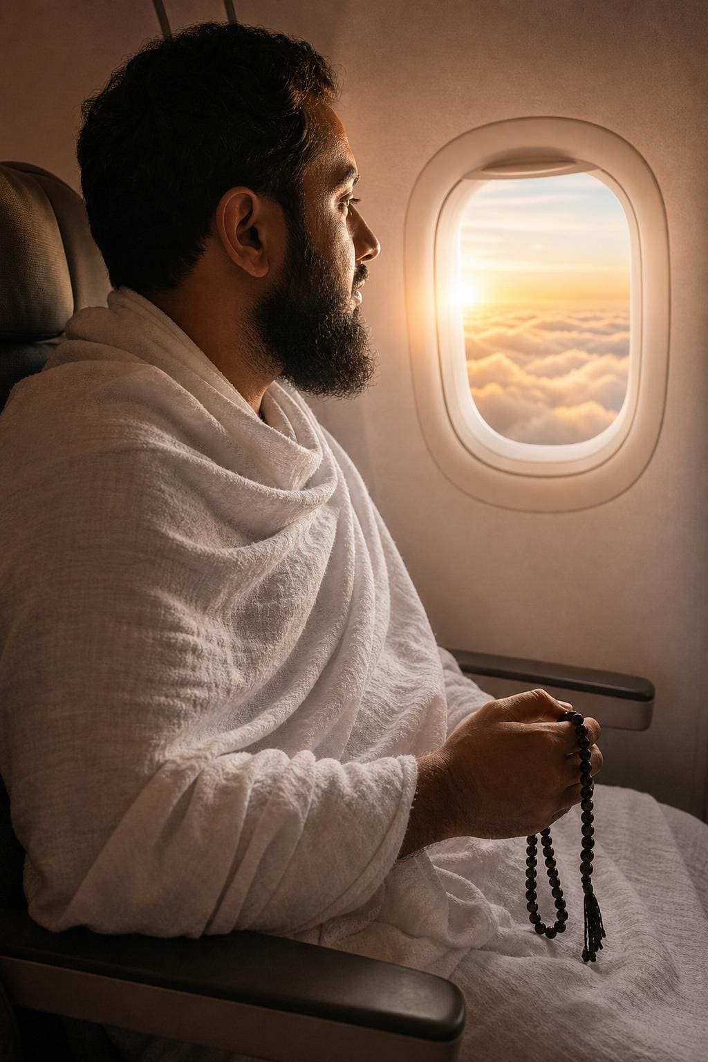 Mu'tamir in ihram on an airplane, holding tasbih at sunrise